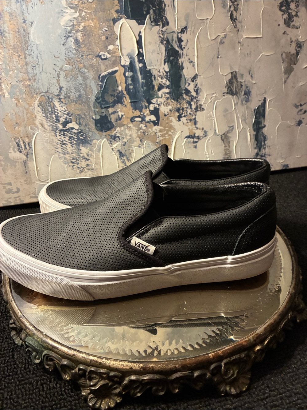 Genuine Vans Black Slip-On Perforated Leather Sneakers Mens 9 Womens 7.5
